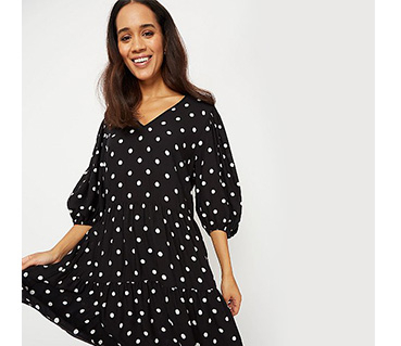 Woman wearing a black polka dot dress