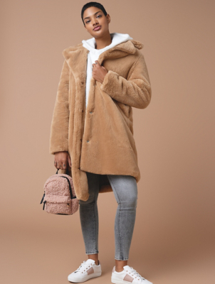 Camel Coat Cream Knitted Hoodie And Grey Jeans Outfit George At Asda