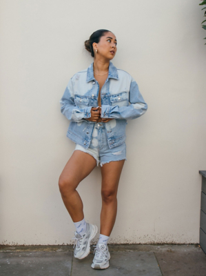 jean jacket and shorts outfit