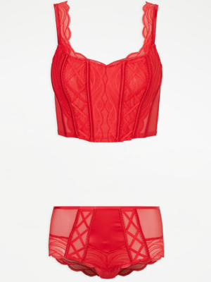 Entice Red Satin Lace Bustier Bra and Short Knickers Set at ASDA