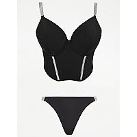 Entice Black Diamante Bustier Corset and Thong Set | George at ASDA