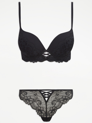 Entice Black 2 Sizes Bigger Bra and Thong Set at ASDA