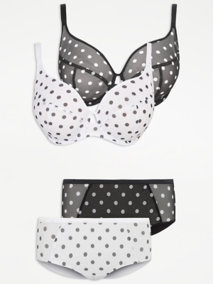 Black Spot Print Non Padded Bras and Short Knickers 2 Pack Set