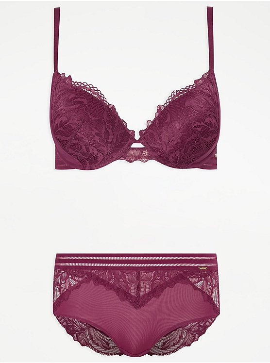 Entice Berry Satin Floral Lace T-Shirt Bra and Short Knickers Set