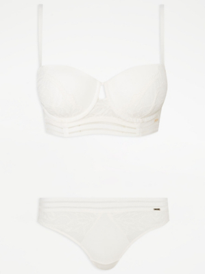 Entice White Lace Balcony Bra and Brazilian Knickers Set at ASDA