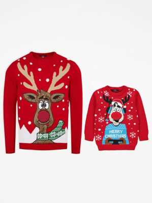 Red Furry Rudolph Matching Christmas Jumpers at ASDA