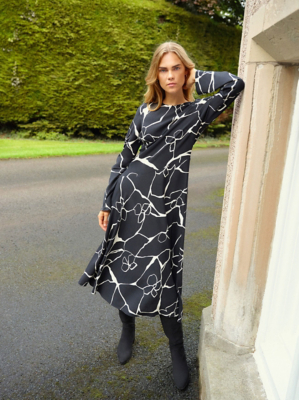 Black Floral Midi Dress and Black Knee High Boots Outfit at ASDA