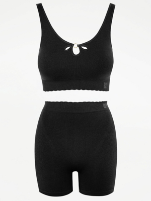 G21 Black Ribbed Cut Out Crop Top and Cycling Shorts Set at ASDA