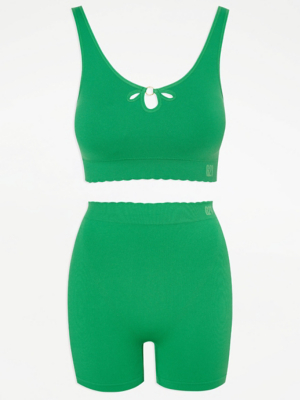 G21 Green Ribbed Cut Out Crop Top and Cycling Shorts Set at ASDA