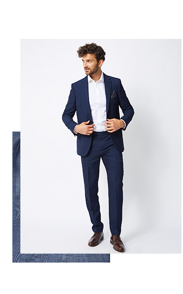 This slim fit suit comes in a versatile textured navy