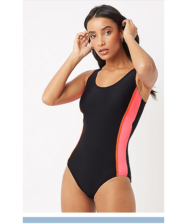 Designed with a pink side stripe, this black swimsuit supports you when in the water 