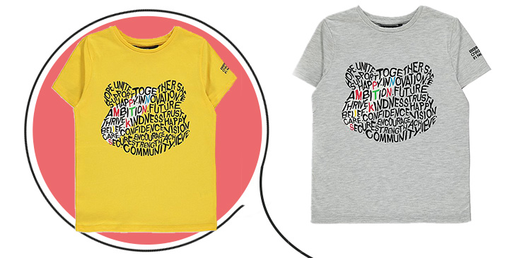 Yellow and grey Children in Need 2019 T-shirt with Pudsey Bear head shape designed out of positive words