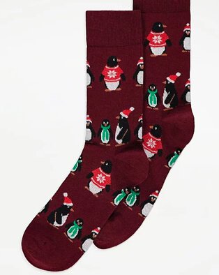 Burgundy penguin print Christmas socks.