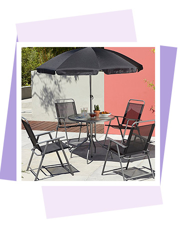 Enjoy outdoor dining with our Cuba 6 piece patio set, with 4 fold up chairs, table and a parasol
