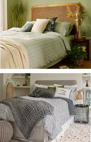 Green bedroom features double bed with light green duvet set, cream throw and assorted scatter cushions in neutral and green. White bedroom features double bed with polka dot duvet set, grey knitted throw and assorted scatter cushions.