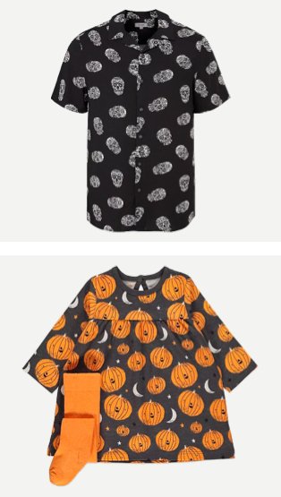 Halloween black skull print shirt. Halloween grey and orange pumpkin dress and tights outfit.