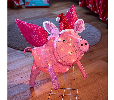 Pink light-up flying pig decoration