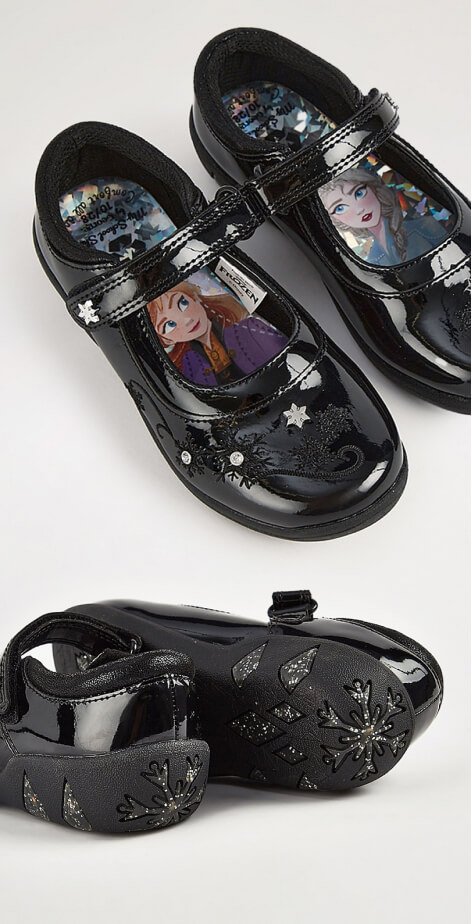 Disney Frozen Anna and Elsa Black Wide Fit Patent Shoes