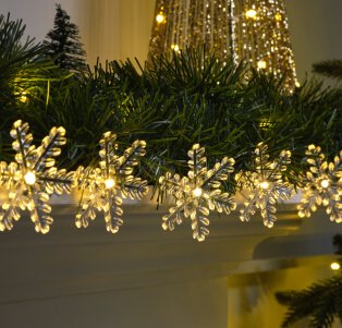 Snowflake-shaped lights on mantlepiece.