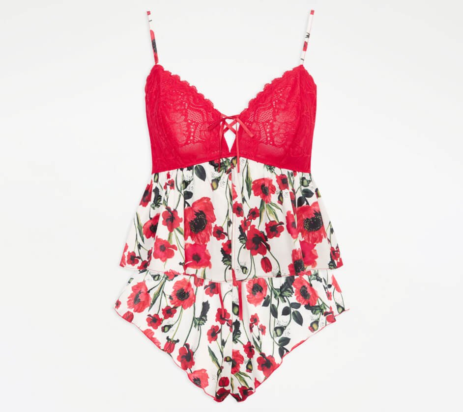 Entice red poppy print satin cami pyjamas