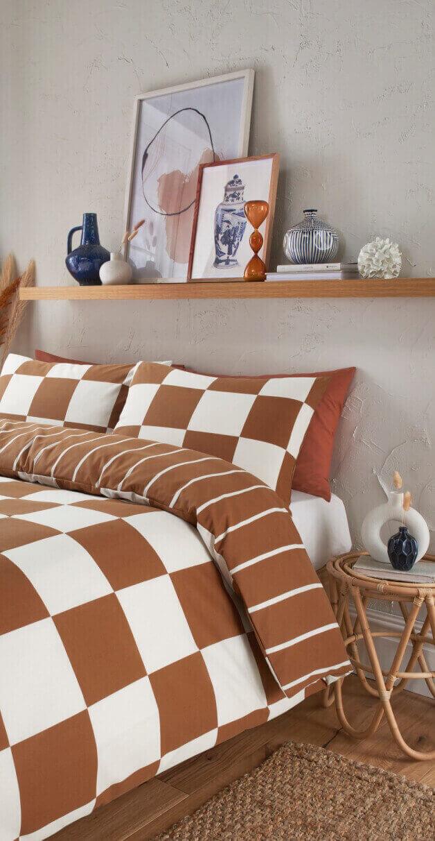 White and brown checked bedding.