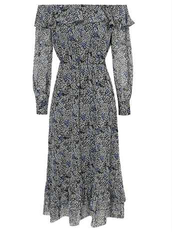 A grey floral frill dress with a bardot neckline