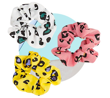 This 3 pack of hair scrunchies come in vibrant colours finished with a leopard print