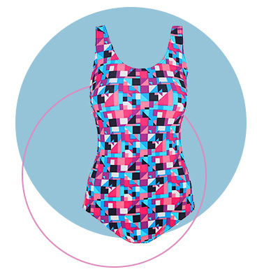 This pink printed swimsuit has a Bodysculpt design with front control liner to give your tummy a smoother appearance