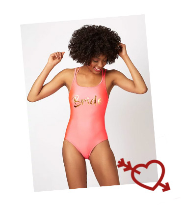 This swimsuit, with glamorous metallic 'Bride' slogan, will take the bride from hen party to honeymoon