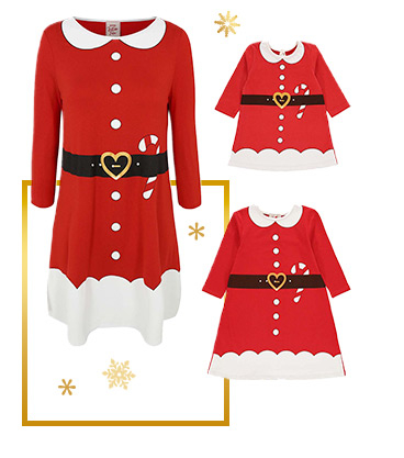 Our traditional Mrs and Miss Santa Claus dresses have a heart-shaped buckle and candy cane