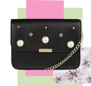 This elegant cross body bag is finished with pearls and stud embellishments