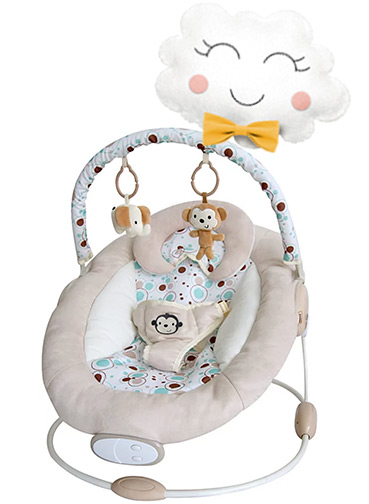 The toy bar on this bouncer includes two plush soft toys that sway with the gentle vibration and soothing music