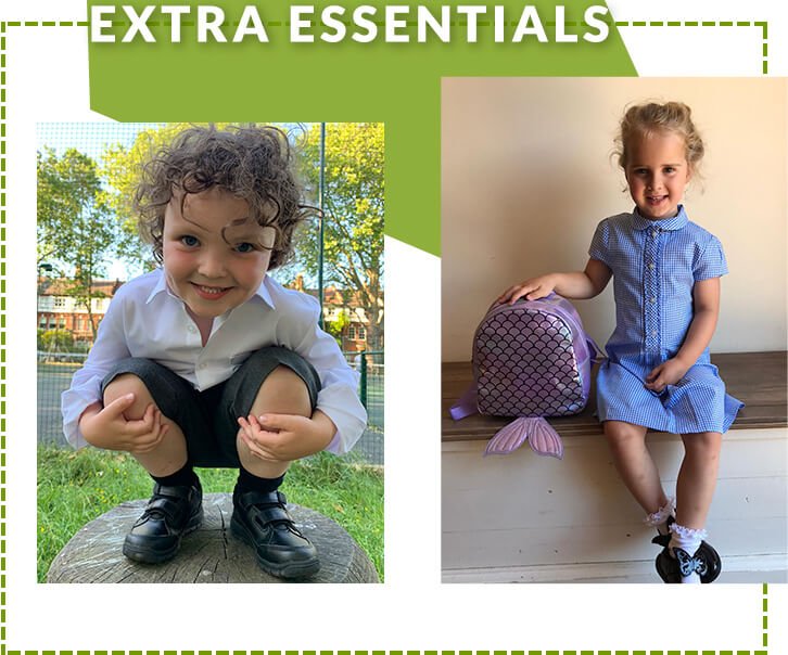 A yound child wearing a white shirt, grey shorts, grey socks and black school shoes and a young girl wearing a blue gingham dress with a purple mermaid style backpack