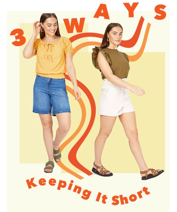 Woman poses wearing yellow open stitch cheesecloth t-shirt, blue denim shorts and khaki tortoise shell detail sandals, woman poses wearing khaki frill sleeve woven top, cream paperbag waist linen shorts and tan studded crossover sandals.
