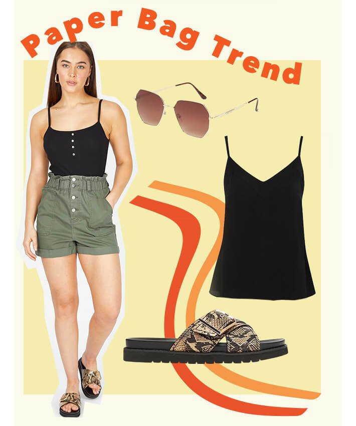 Woman poses wearing black ribbed cami body, khaki button detail papebag waist shorts and snake print crossover mule sandals. Cut outs of gold effect geometric lens sunglasses, black v-neck camisole vest and snake print crossover mule sandals.