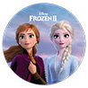Disney Frozen Anna and Elsa inside a circle with clouds in the background.
