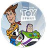 Disney Toy Story Woody and Buzz Lightyear inside a grey striped circle.
