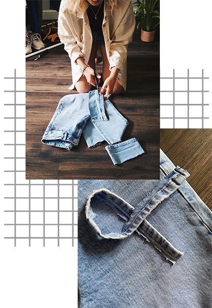 Woman cutting a pair of denimn jeans and a pair of denim jeans being cut for DIY