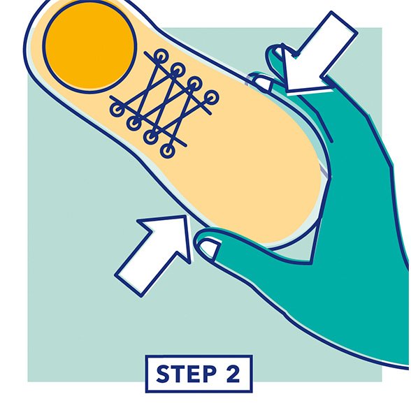 Step 2 - Illustration of a hand testing the fit of the width of a shoe