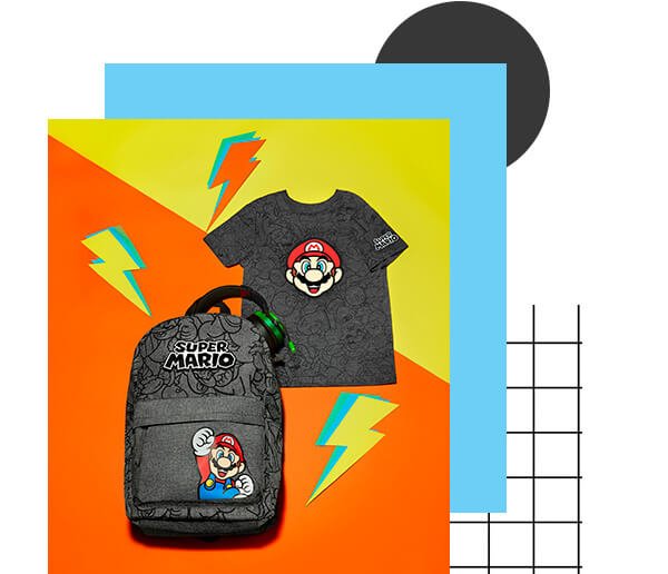 A grey Super Mario t-shirt and backpack on a bright orange and yellow background.