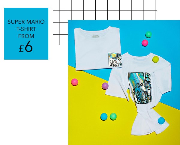 Two white and holographic Super Mario t-shirts laid out on a blue and yellow background.