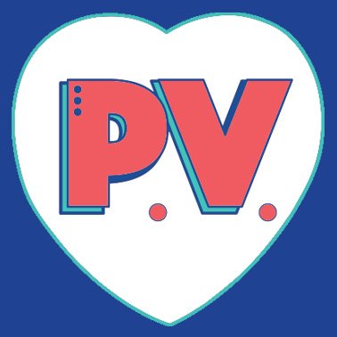 Red P.V. lettering inside white heart.