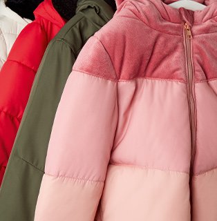 Pink, khaki and red quilted coats.