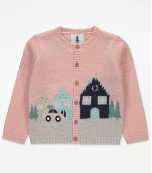 Childrens printed pink cardigan with home and car.