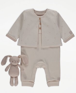 Beige Cardigan and pant set with bunny.