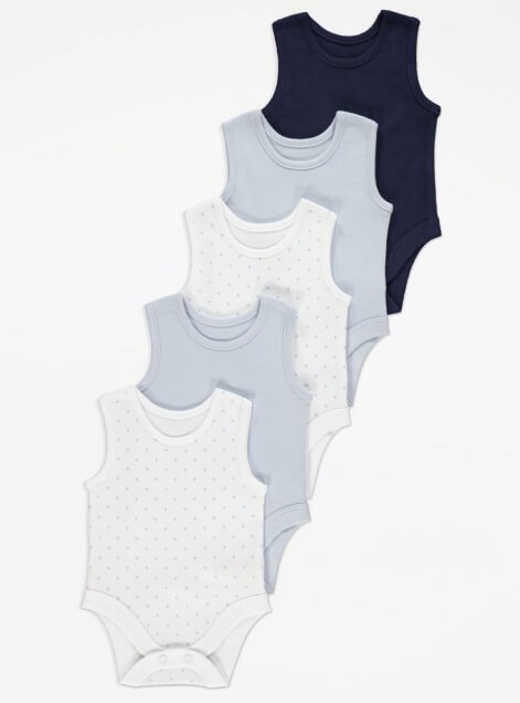 Five baby bodysuits in shades of blue, white and grey.