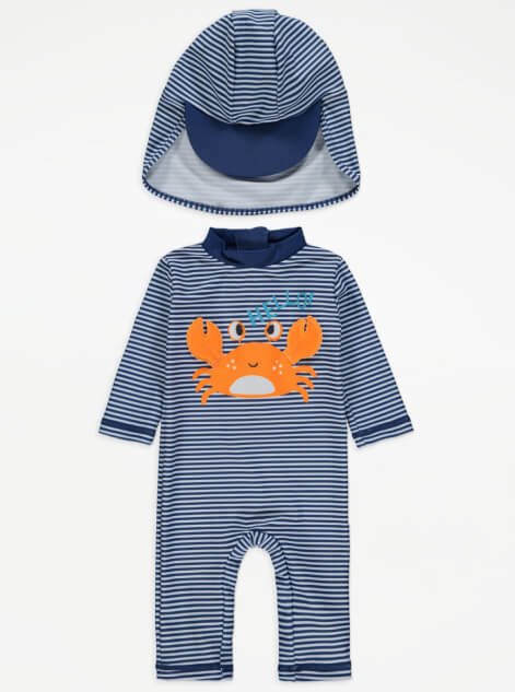 Blue striped crab print sun-safe swimsuit and keppi hat.