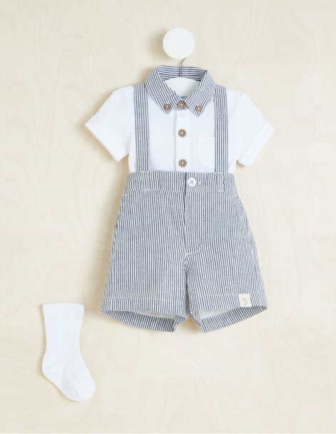 A white and blue baby outfit.