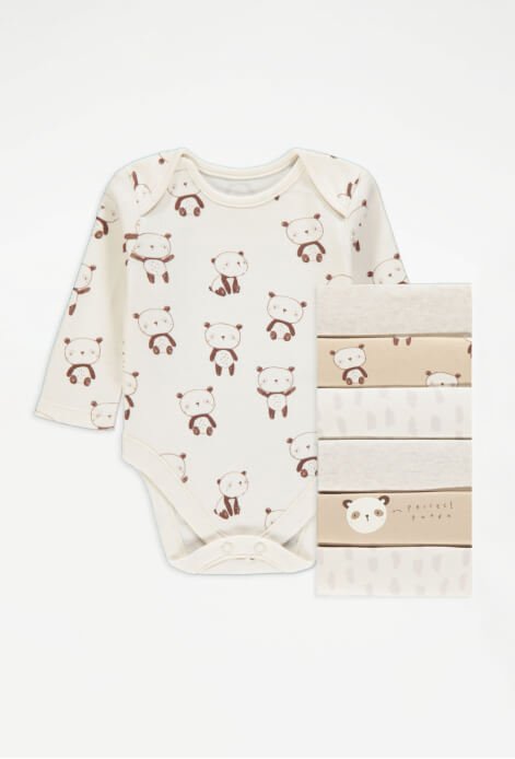A pack of neutral coloured baby bodysuits.
