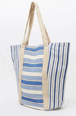 Blue and neutral striped beach bag